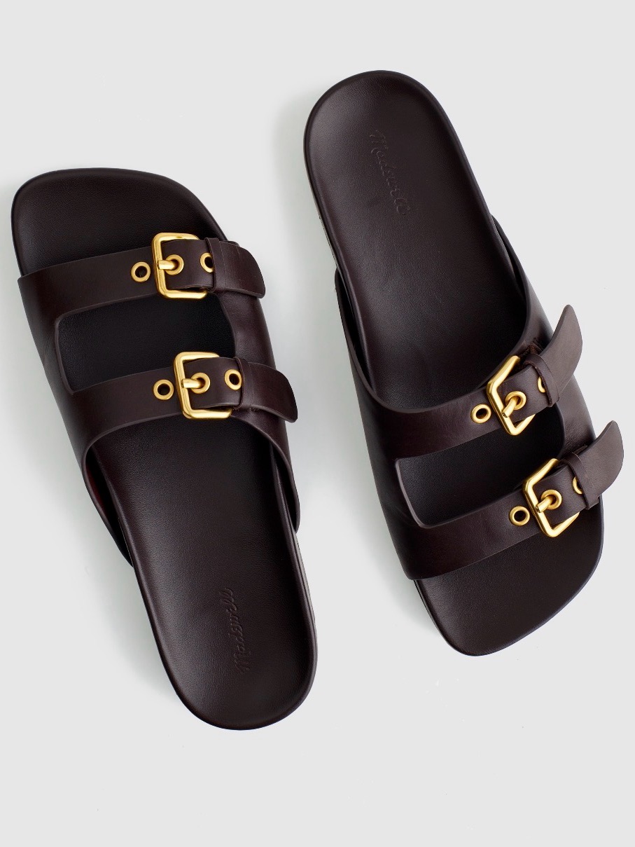 Madewell Double-Strap Slide Sandals In Dark Brown With Gold Buckles
